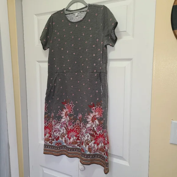 J.Jill Grey Floral Tshirt Dress Pockets Cotton Casual Boho‎ Size M - Picture 7 of 14